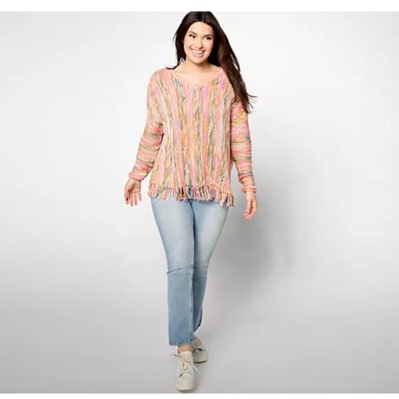 Denim & Co. Canyon Retreat Pullover ~ Drop Shoulder Fringe Hem Pink A648923 - Picture 3 of 5